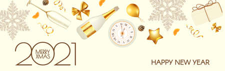Happy New 2021 Year Elegant poster template. Festive and party design with champagne bottle and glasses. clock. bows. snowflakes, oranges and gifts.のイラスト素材