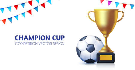 Soccer realistic golden champion cup with ball. and flags Award design.のイラスト素材