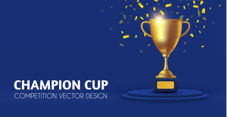 Realistic golden champion cup with circle podium. Isolated trophy winner gold cup. Award design.のイラスト素材