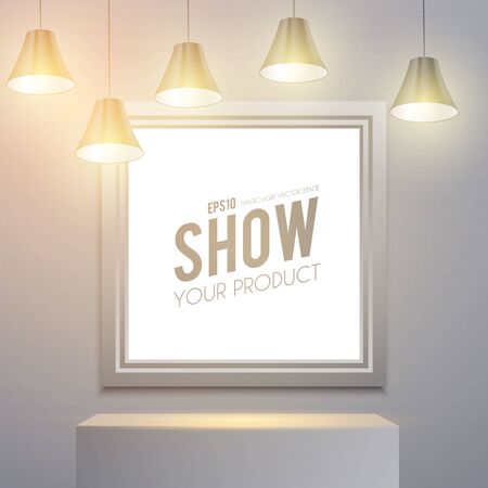 Shining lamps and square banner with podium. Minimal showcase and empry scene with light.のイラスト素材