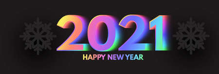 Happy New 2021 Year Elegant Design with neon rainbow new year number and black paper snowflakes.のイラスト素材