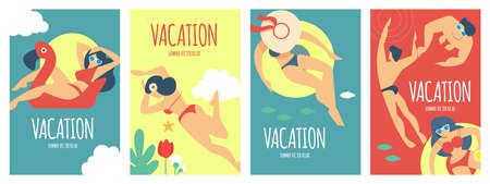 Summer vacation poster set with relaxing people on a beach. Sea holidays.のイラスト素材