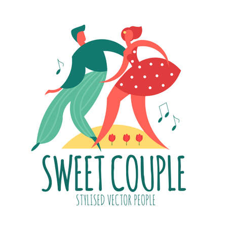 Dancing couple. Stilysed people with music notes. Jazz, blues, swing. Hipster.のイラスト素材
