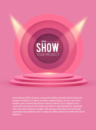 Round Podium. Scene, pedestal and 3D platform with circle banner and spotlights. Advertising, award and win design. Show and sale background. Realistic presentation mockup.のイラスト素材