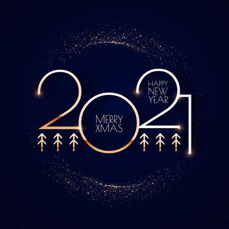 Happy new 2021 year Elegant gold text with light. Minimalistic text template.のイラスト素材