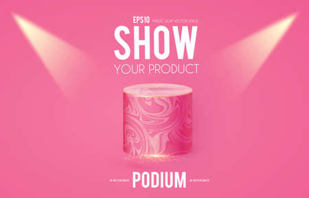 Marble Podium with spotlights. Scene, pedestal and 3D platform. Advertising, award and win design. Show and sale background. Realistic presentation mockup.のイラスト素材