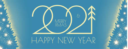 Happy New 2021 Year Elegant holiday design template with shining Christmas fir trees silhouette....