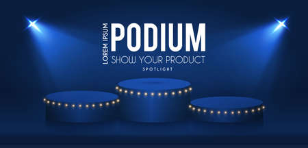 Show podium with spotlights. Presentation light effect. Illuminated winner place.のイラスト素材