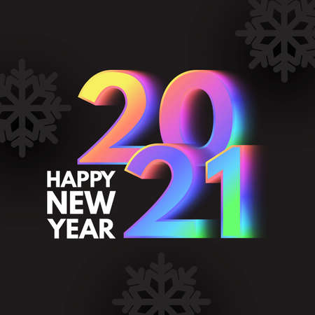 Happy New 2021 Year Elegant Design with neon rainbow new year number and black paper snowflakes.のイラスト素材