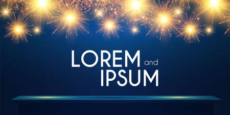 Podium. Stairs and shelf with spotlight and fireworks. Win design. Show your offer.のイラスト素材