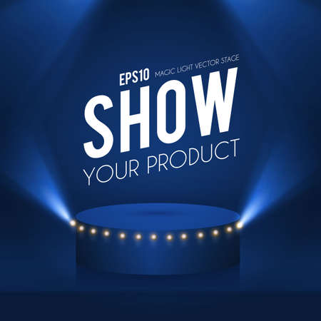 Show podium with spotlights. Presentation light effect. Illuminated winner place.のイラスト素材