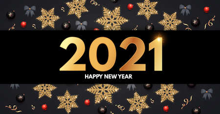 2021 Happy New Year Elegant holiday decoration with gold snowflakes, red and black balls, year...