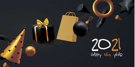 Happy New 2021 Year and Merry Christmas banner. 3D Xmas design with fir tree and gifts. Elegant...