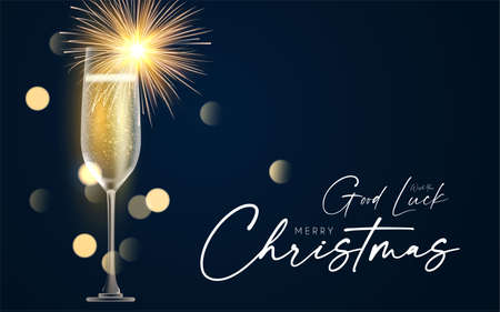 Shining champagne. Merry Christmas and Happy New Year design template with gold champagne glasses, light and bokeh effectのイラスト素材