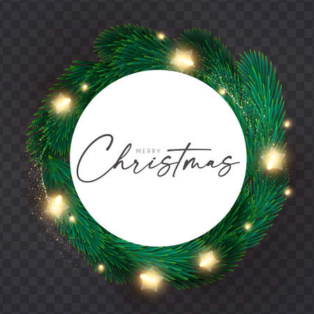 Shining Christmas decoration with fir tree branches, light bulbs gold glitter and bokeh effect. New Year design templateのイラスト素材