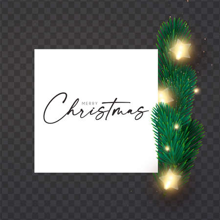 Shining Christmas decoration with fir tree branches, light bulbs gold glitter and bokeh effect. New Year design templateのイラスト素材