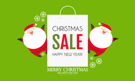 Christmas Sale design template with cute papercraft Santa Claus, shopping bag and holiday decorationのイラスト素材
