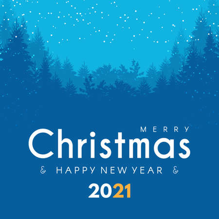Merry Christmas and Happy New 2021 Year design template with fir trees and snow. Coniferous forest with lightsのイラスト素材