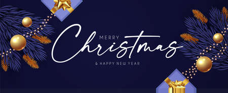 Merry Christmas design template with fir tree branch garland, glossy golden balls, elegant gold snowflakesのイラスト素材