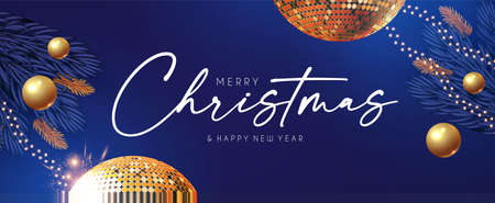 Happy New 2021 Year Shining holiday design with gold disko ball, fir tree branches, glossy toys, gifts and light. Party invitationのイラスト素材