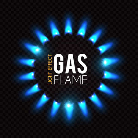 Gas flame. Blue fire effect. Neon light on transparent backgroundのイラスト素材