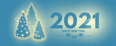 Happy New 2021 Year Elegant holiday design template with shining Christmas fir trees silhouette....