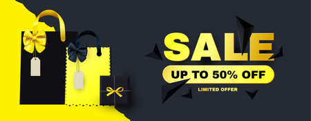 Sale poster template with boxes, bow and serpentine. Special offer banner with gift bags. and flying trianglesのイラスト素材