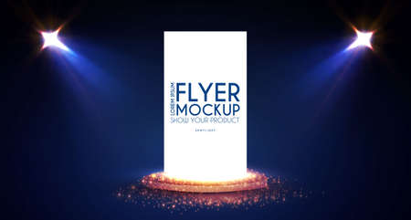 Realistic flying business card, poster and flyer mockup with 3D empty scene. Paper blank, spotlights and light effectのイラスト素材
