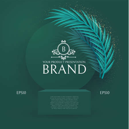 3D podium. Realistic minimal empty scene. Showcase and shelf. Round empty stage with palm leafs and shadowのイラスト素材