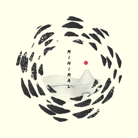 Abstract japanese composition with ink stains. Oriental landscape with sun and mountainsのイラスト素材