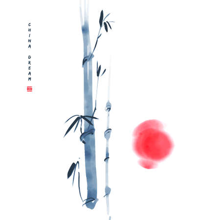 Chinese ink painted background with bamboo and sun. China dreamのイラスト素材