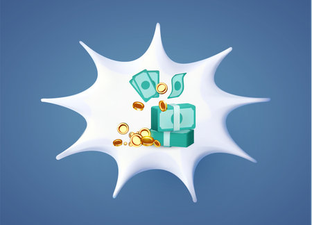 dollars. Flying coins and a stack of banknotes with speech bubble. Bundle of money. banking conceptのイラスト素材