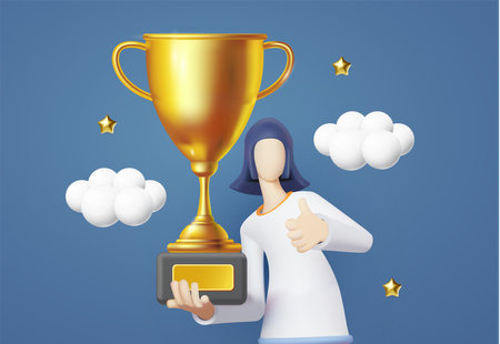 Girl holding Winner's Cup. Achieve, winner, game, leadership, competition and gradulate conceptのイラスト素材