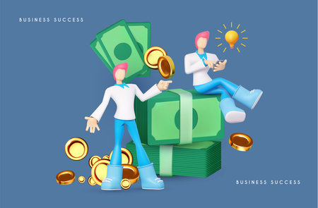 business success. Banking concept. Positive man staiding near many of coins and dollar banknotes and a man with onnline bannking ideaのイラスト素材
