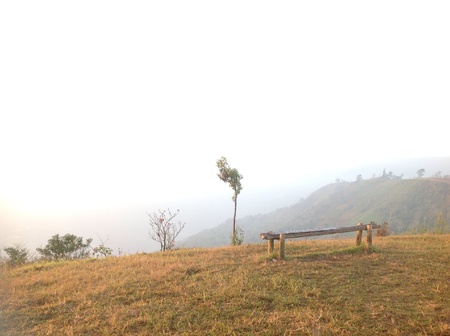 Viewpoint on the mountain with wooden bench Thailandの素材