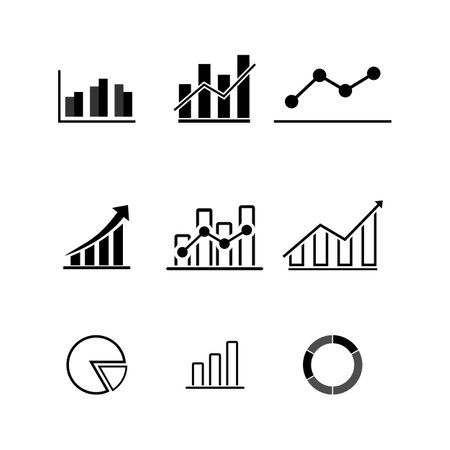 Growing bar graph icon set. Business graphs and charts icons. Statistics and analytics vector icon. Statistic and data, charts diagrams, money, down or up arrow. Vector illustration.のイラスト素材