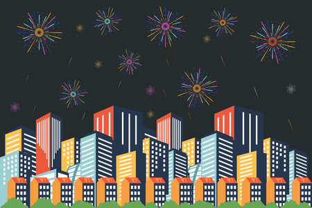 Vector illustration of a festive fireworks display over the city at night scene for holiday and celebration background design.のイラスト素材