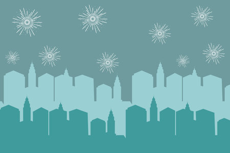 Vector illustration of a festive fireworks display over the city at night scene for holiday and celebration background design.のイラスト素材