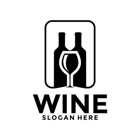 Wine Logo with two bottle and glasses on black color, Wine Vintage logo vector design templateのイラスト素材
