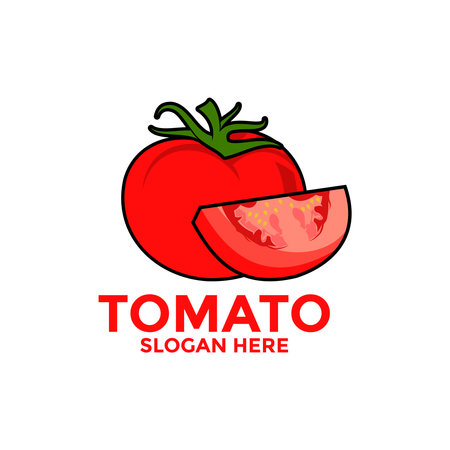 Red tomato logo template. Fresh vegetables vector design. Organic food logotypeのイラスト素材
