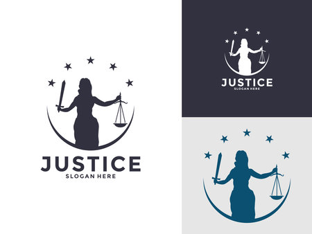 Lady Law Icon Vector, Lady law with a sword of justice and weights in her hands logo templateのイラスト素材