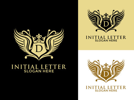 Luxury royal wing Letter D Logo vector, Luxury wing crown emblem alphabets logo design templateのイラスト素材