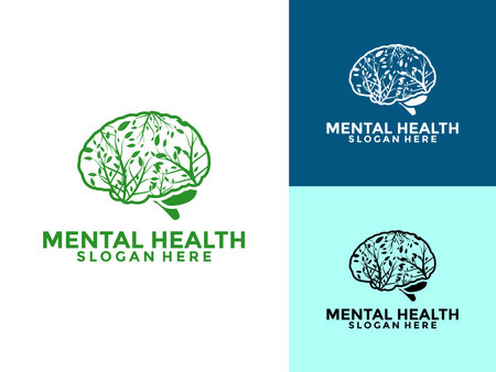 Mental Health logo with brain and green leaves. Mental Wellness Logo and Icon templateのイラスト素材
