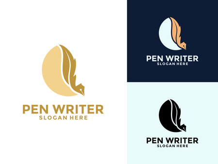 Pen Writer logo design, Feather quill pen gold author logo design templateのイラスト素材