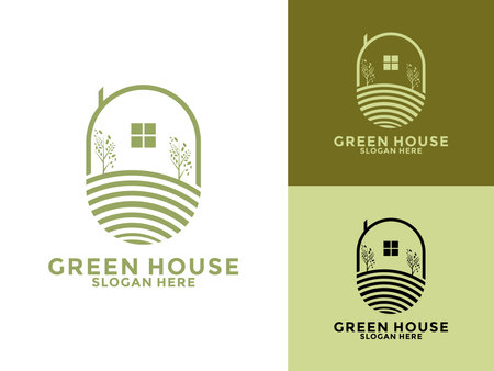 Green House Line Style Logo Design Vector, Tree House business logo vector templateのイラスト素材