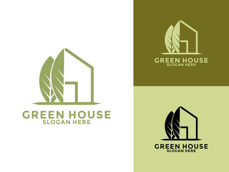 Green House Line Style Logo Design Vector, Tree House business logo vector templateのイラスト素材