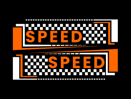 This vector illustration features the word SPEED framed by geometric borders, dynamic lines, and classic checkered flag patterns, suitable for streetwear and motorsports branding.のイラスト素材