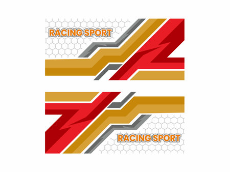 This vector graphic template features dynamic angular stripes in red and gold suitable for racing sport car wraps, vehicle decals, racing banners, or esports branding backgrounds.のイラスト素材