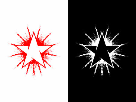 A striking high contrast vector illustration features a five-pointed star surrounded by a radiating dotted halftone burst effect, presented on both white and black backgrounds.のイラスト素材