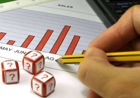 sales graph analysis and dices withh question simbol
